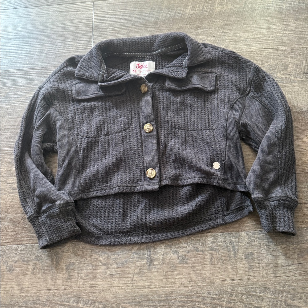 Justice Black Waffle Knit Button-Front Cardigan